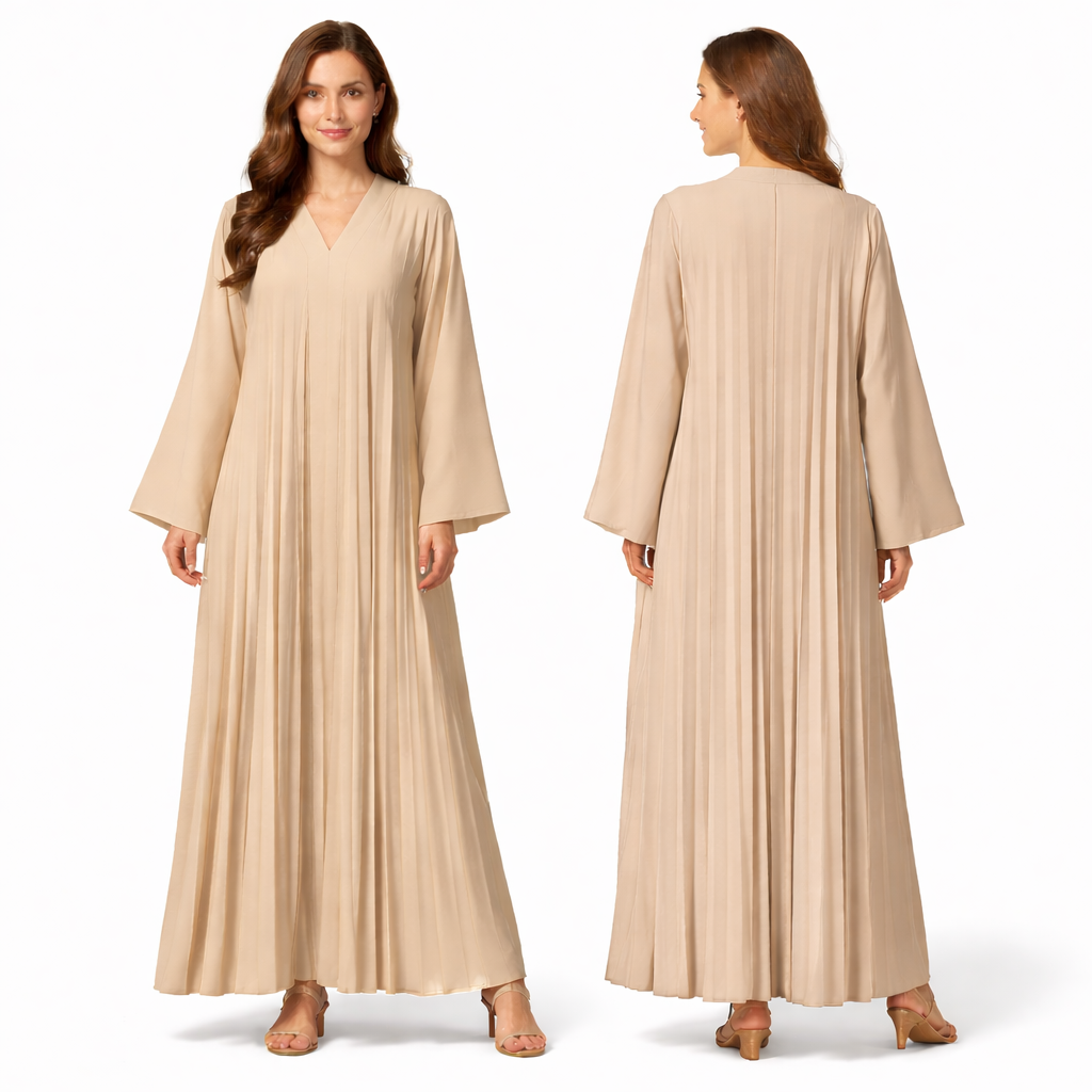 Robe longue plissée fluide col V – manches larges coupe oversize élégante