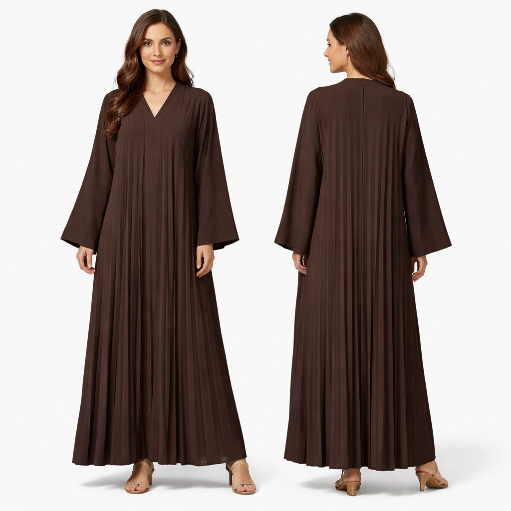 Robe longue plissée fluide col V – manches larges coupe oversize élégante