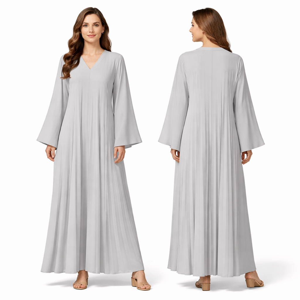Robe longue plissée fluide col V – manches larges coupe oversize élégante
