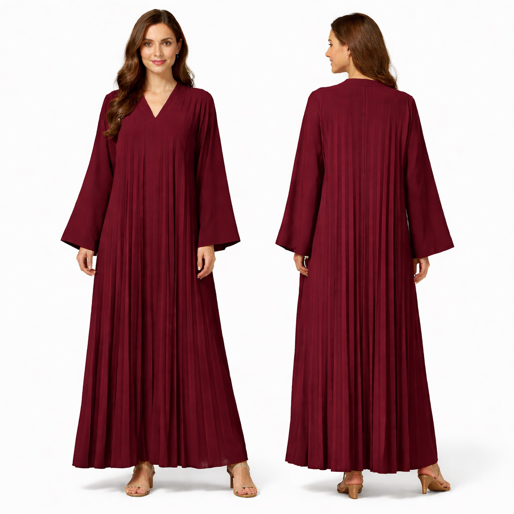 Robe longue plissée fluide col V – manches larges coupe oversize élégante