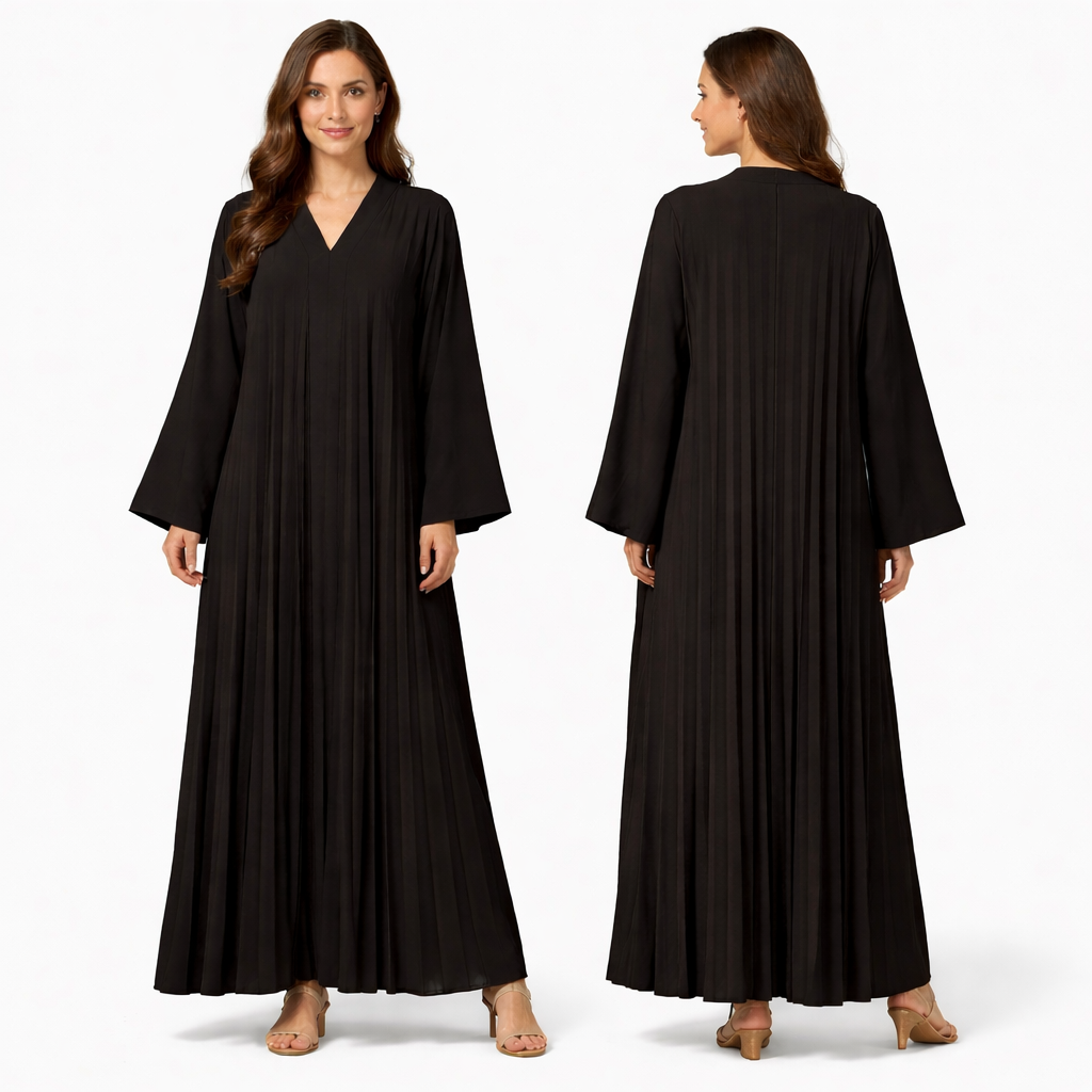 Robe longue plissée fluide col V – manches larges coupe oversize élégante
