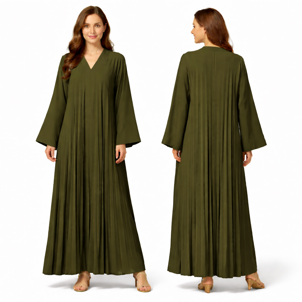 Robe longue plissée fluide col V – manches larges coupe oversize élégante
