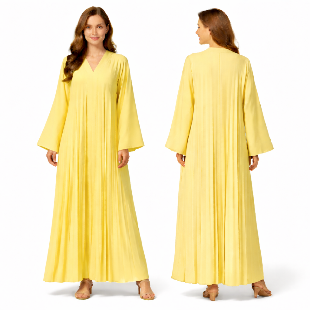 Robe longue plissée fluide col V – manches larges coupe oversize élégante