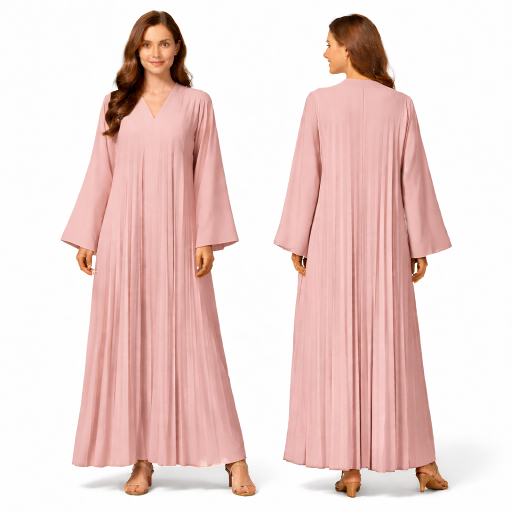 Robe longue plissée fluide col V – manches larges coupe oversize élégante