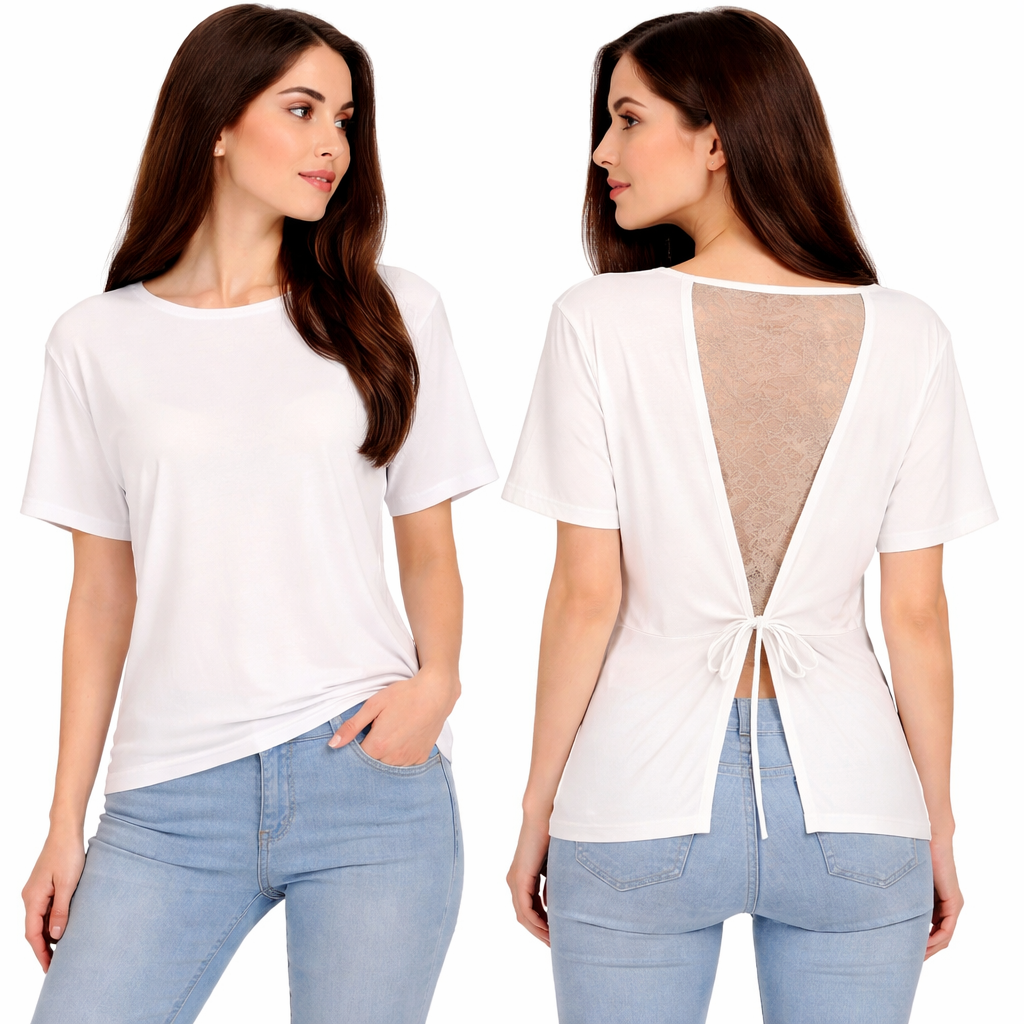 T-shirt femme dos ouvert avec dentelle – Top chic et tendance, coupe fluide