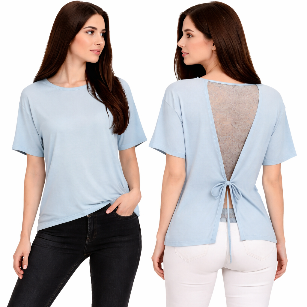 T-shirt femme dos ouvert avec dentelle – Top chic et tendance, coupe fluide