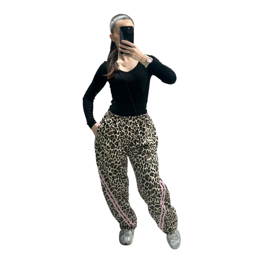 Pantalon large léopard femme à bandes latérales – Taille élastique tendance