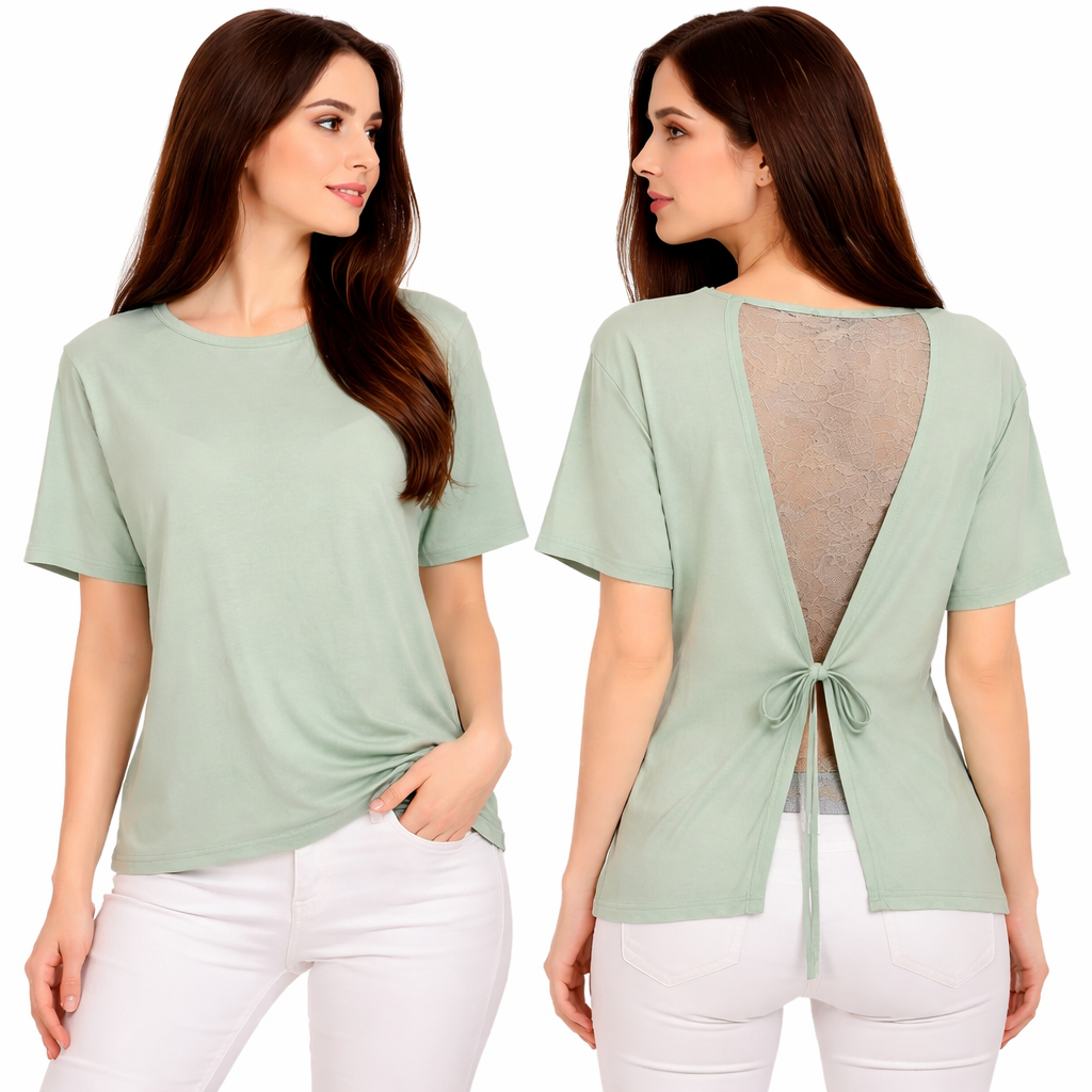 T-shirt femme dos ouvert avec dentelle – Top chic et tendance, coupe fluide