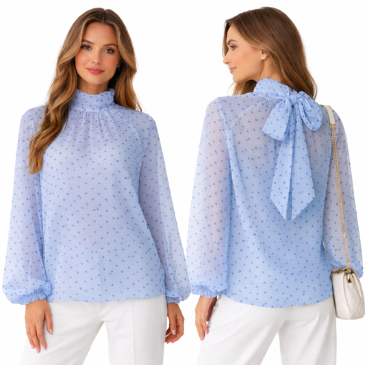 Blouse fluide à pois – col montant noué – manches longues oversize chic