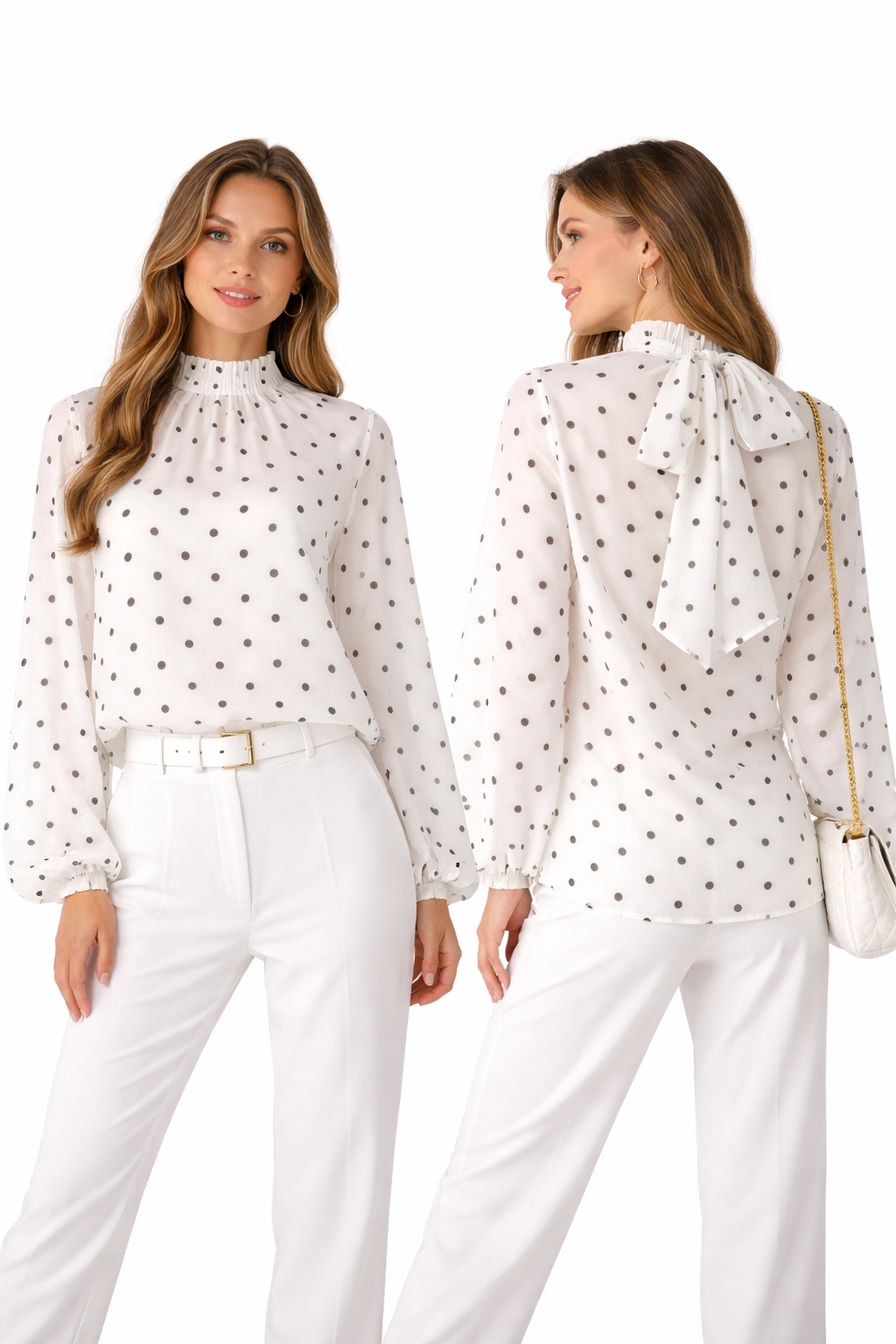 Blouse fluide à pois – col montant noué – manches longues oversize chic