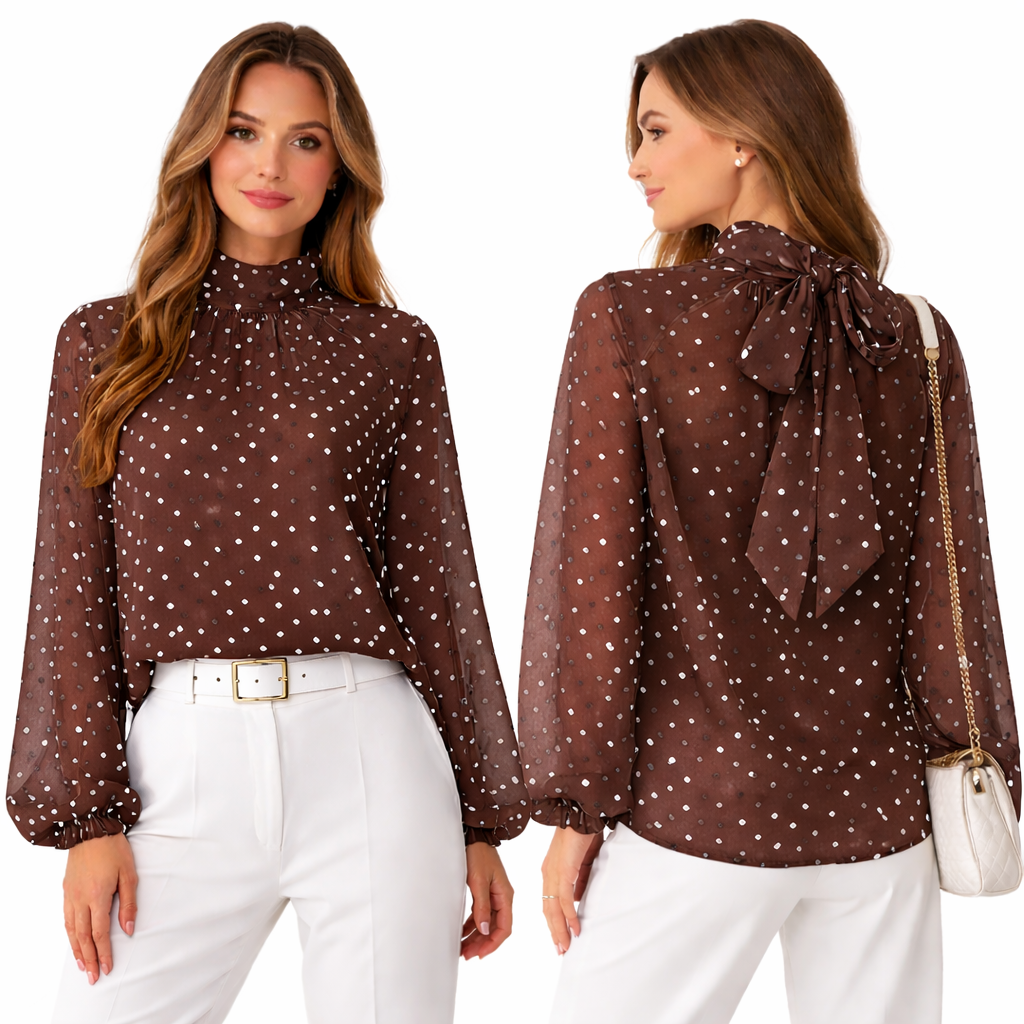 Blouse fluide à pois – col montant noué – manches longues oversize chic