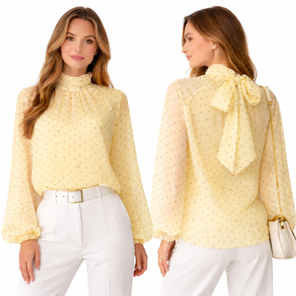 Blouse fluide à pois – col montant noué – manches longues oversize chic