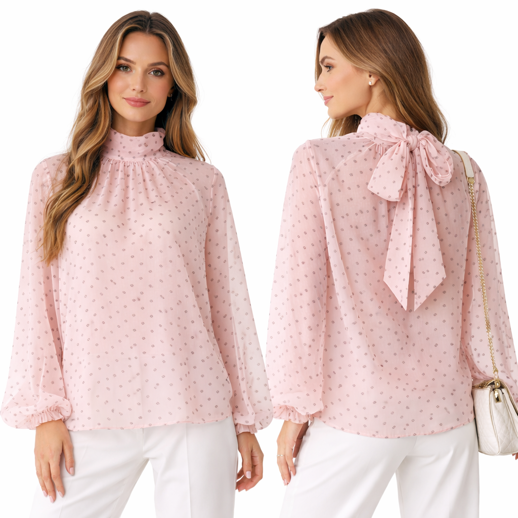 Blouse fluide à pois – col montant noué – manches longues oversize chic