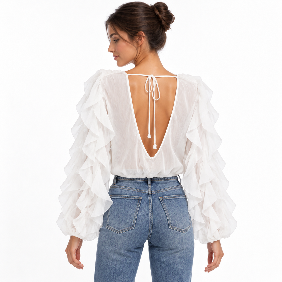 Blouse femme Céleste – Volants en cascade et dos ouvert à nouer