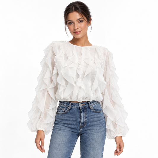 Blouse femme Céleste – Volants en cascade et dos ouvert à nouer