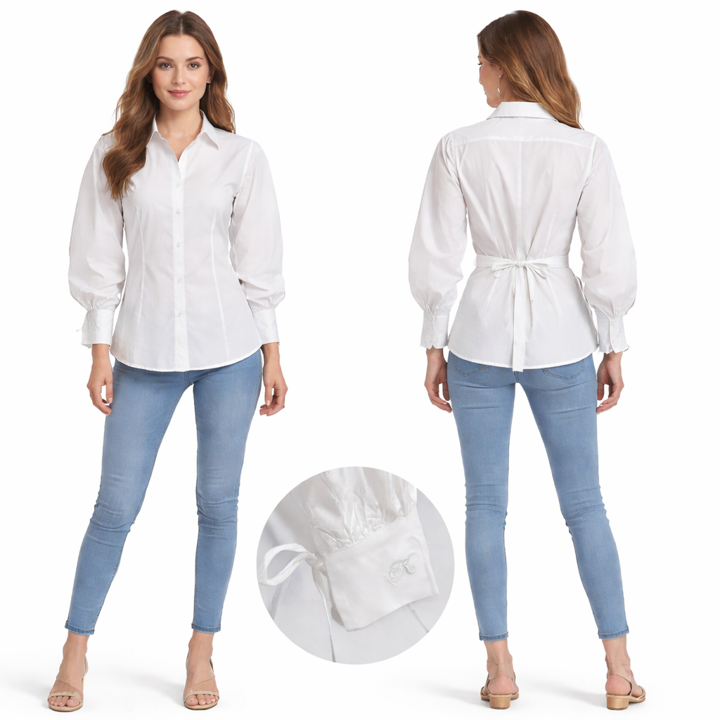 Chemise cintrée manches bouffantes avec liens ajustables et broderie discrète – coupe élégante structurée