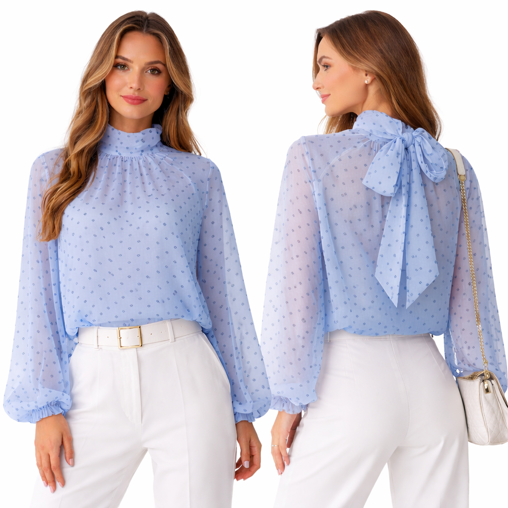 Blouse fluide à pois – col montant noué – manches longues oversize chic