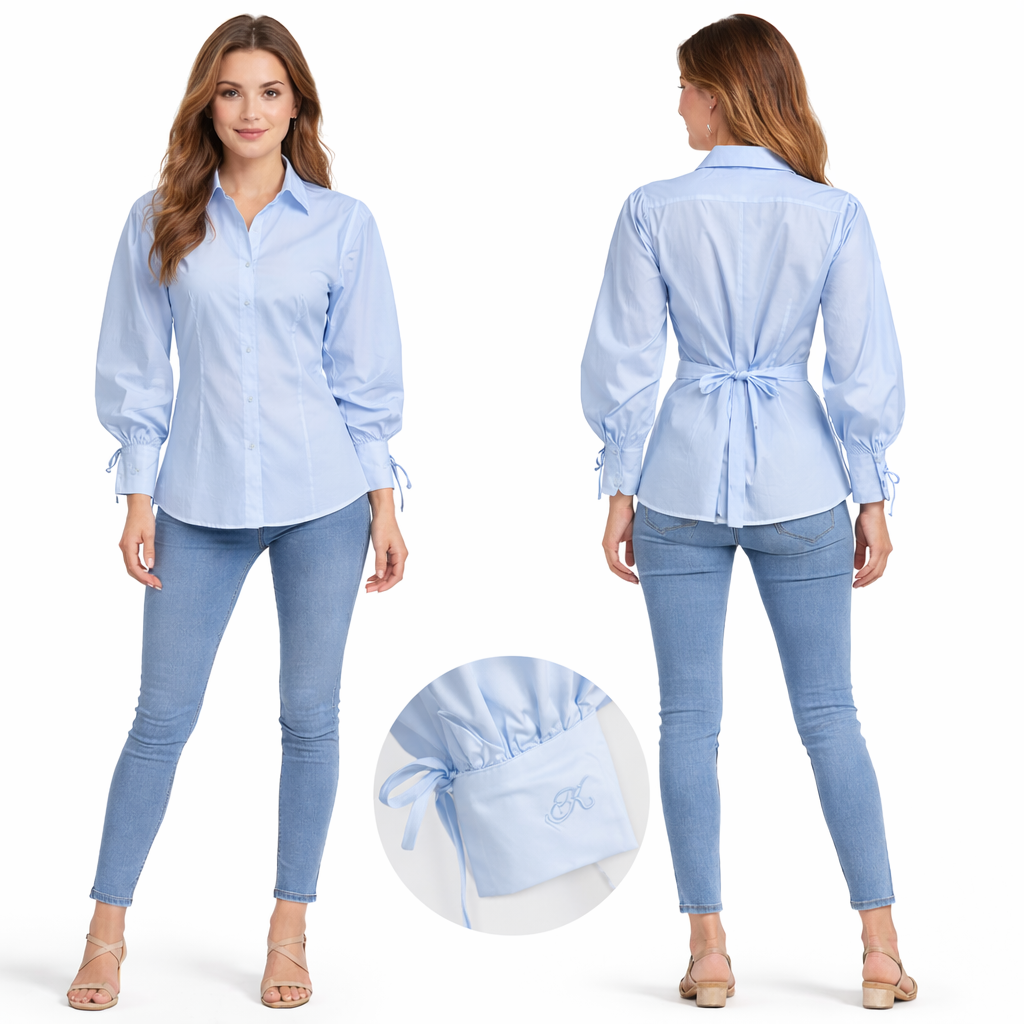 Chemise cintrée manches bouffantes avec liens ajustables et broderie discrète – coupe élégante structurée