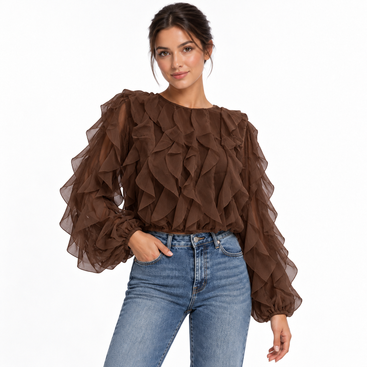 Blouse femme Céleste – Volants en cascade et dos ouvert à nouer