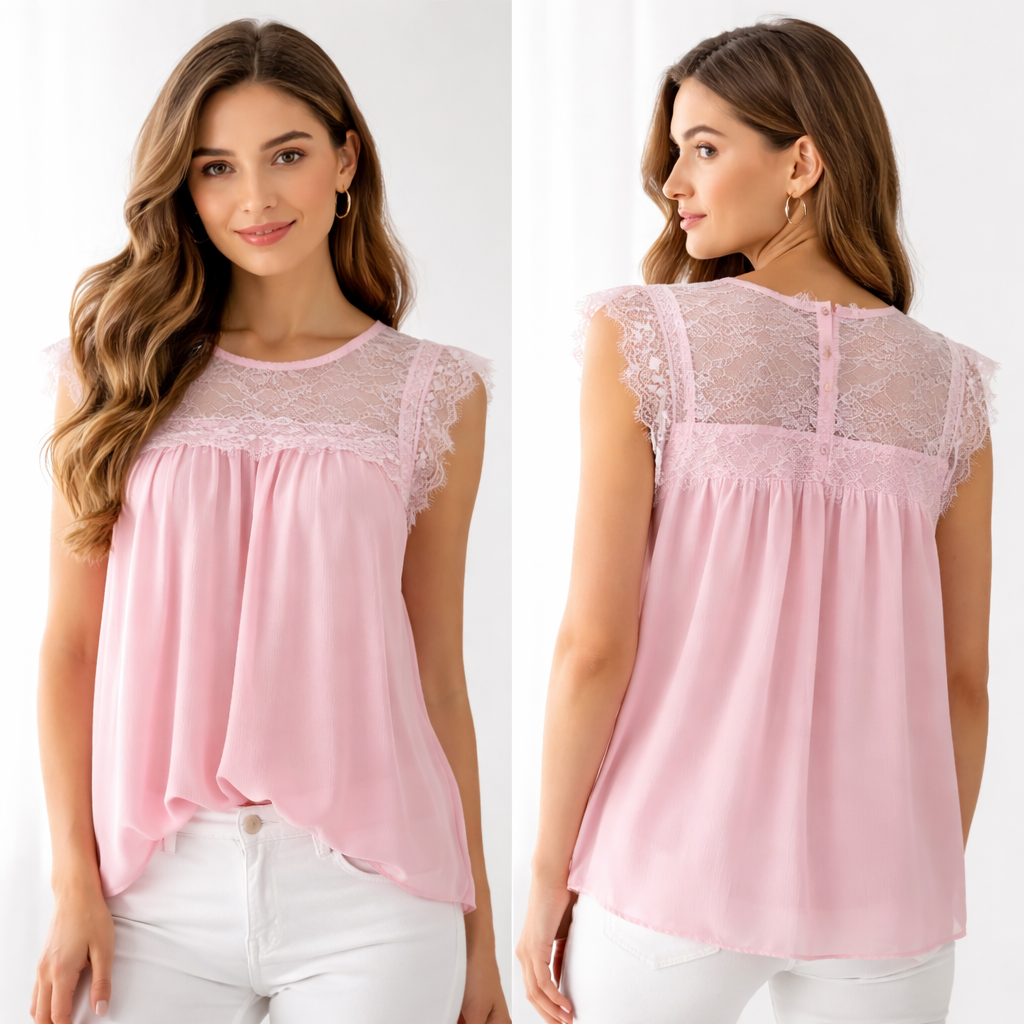 Top fluide dentelle femme manches courtes – effet chic & léger – taille unique