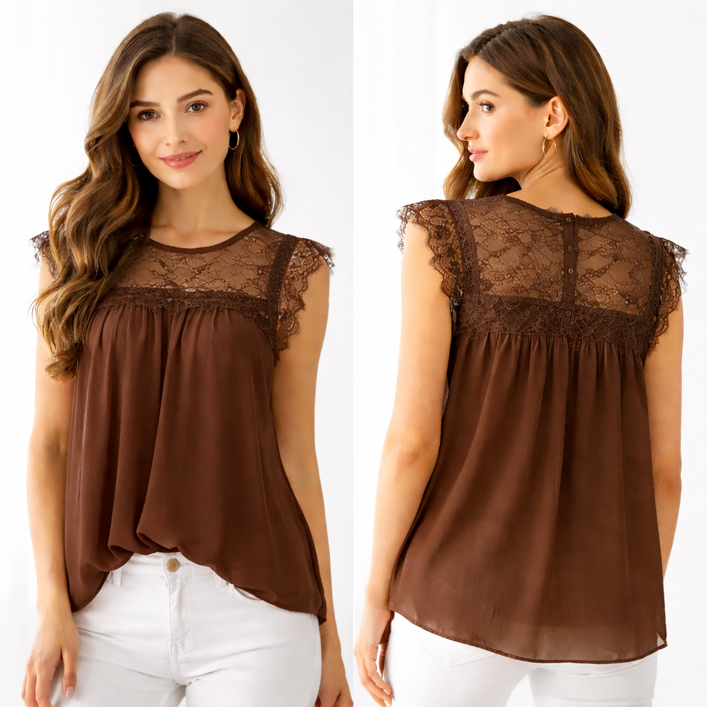 Top fluide dentelle femme manches courtes – effet chic & léger – taille unique