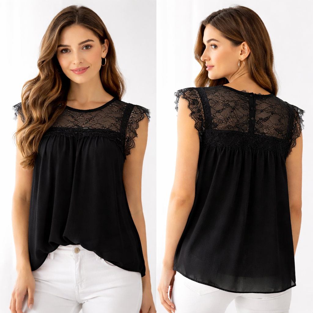Top fluide dentelle femme manches courtes – effet chic & léger – taille unique