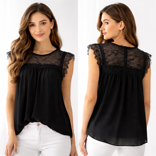 Women's Lace Flowy Top, Short Sleeves – Chic & Lightweight Look – One Size