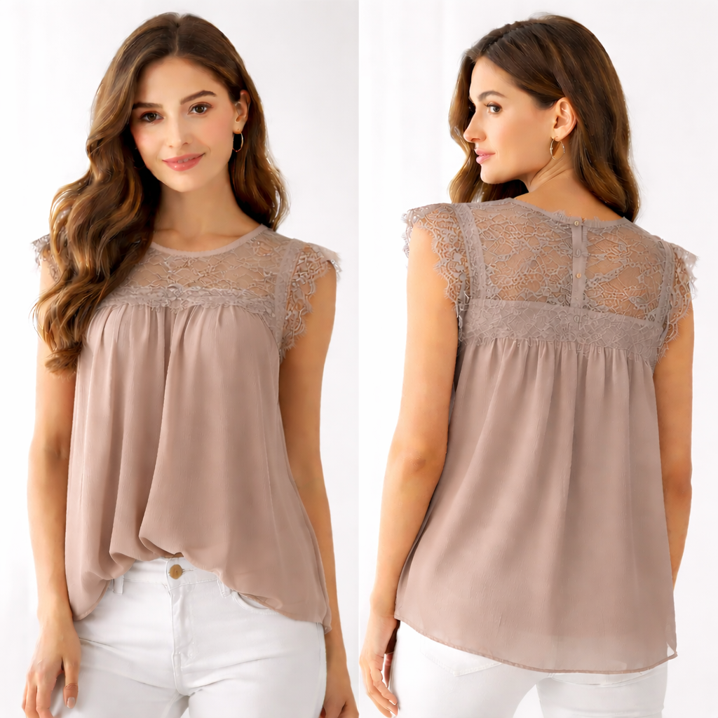 Top fluide dentelle femme manches courtes – effet chic & léger – taille unique