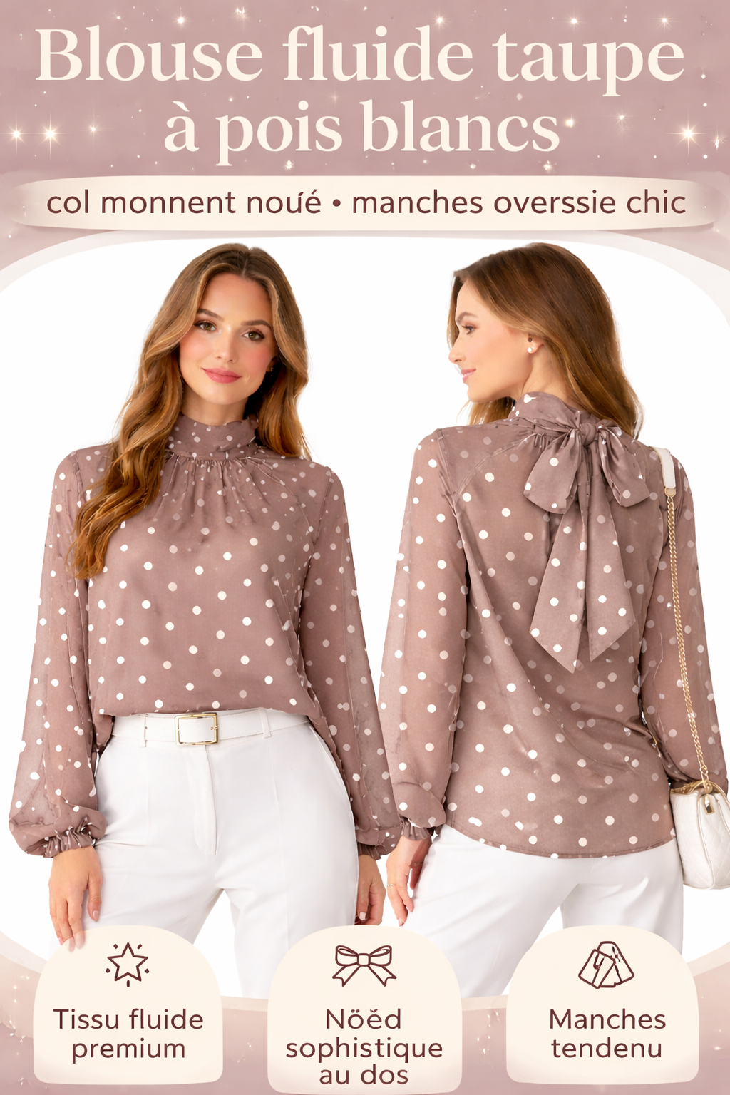 Blouse fluide à pois – col montant noué – manches longues oversize chic