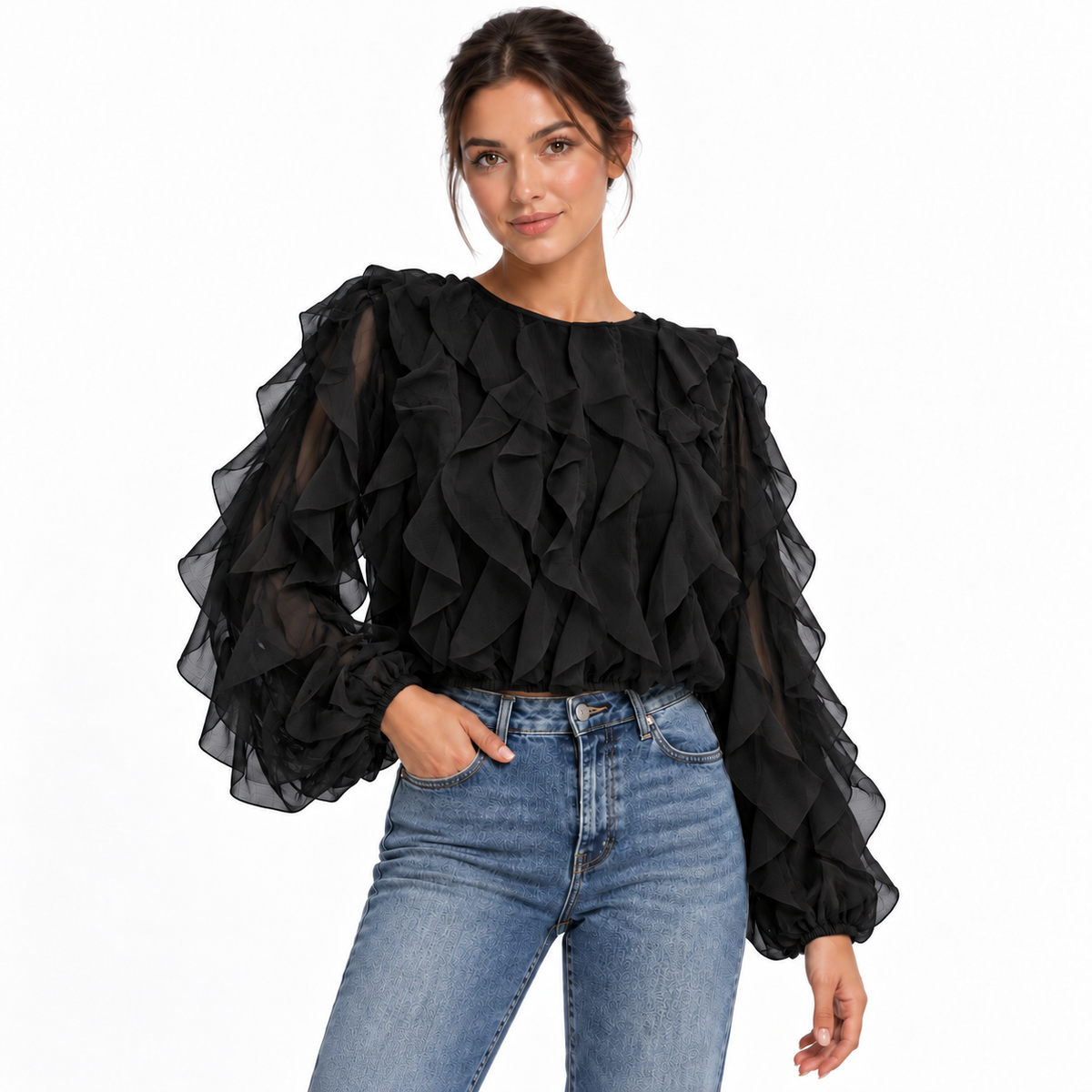 Blouse femme Céleste – Volants en cascade et dos ouvert à nouer