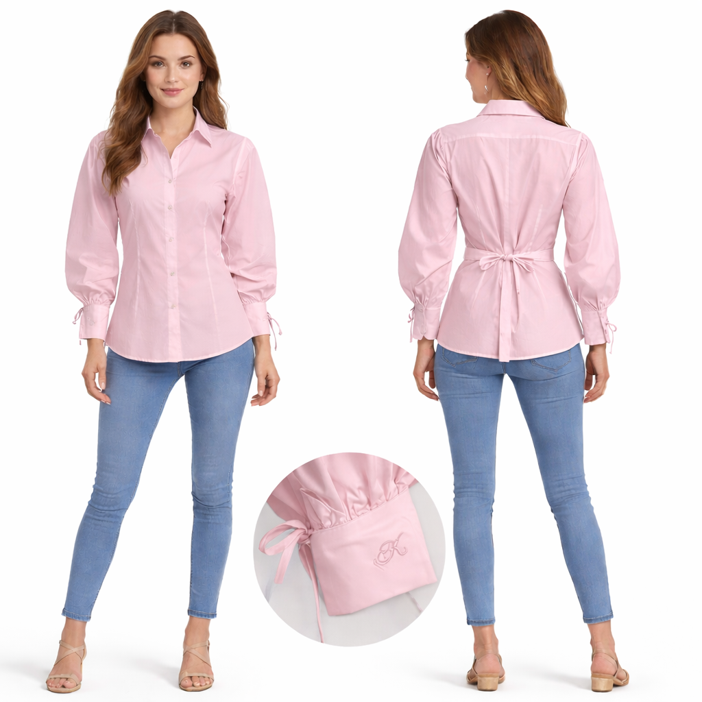 Chemise cintrée manches bouffantes avec liens ajustables et broderie discrète – coupe élégante structurée