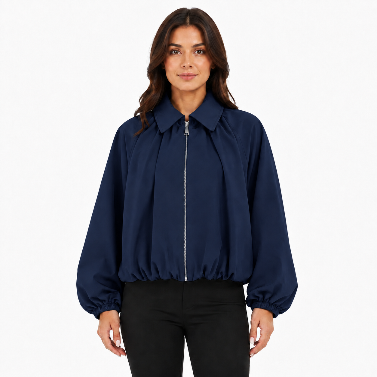 Veste Bomber Courte Femme Zippée à Manches Ballon et Poches