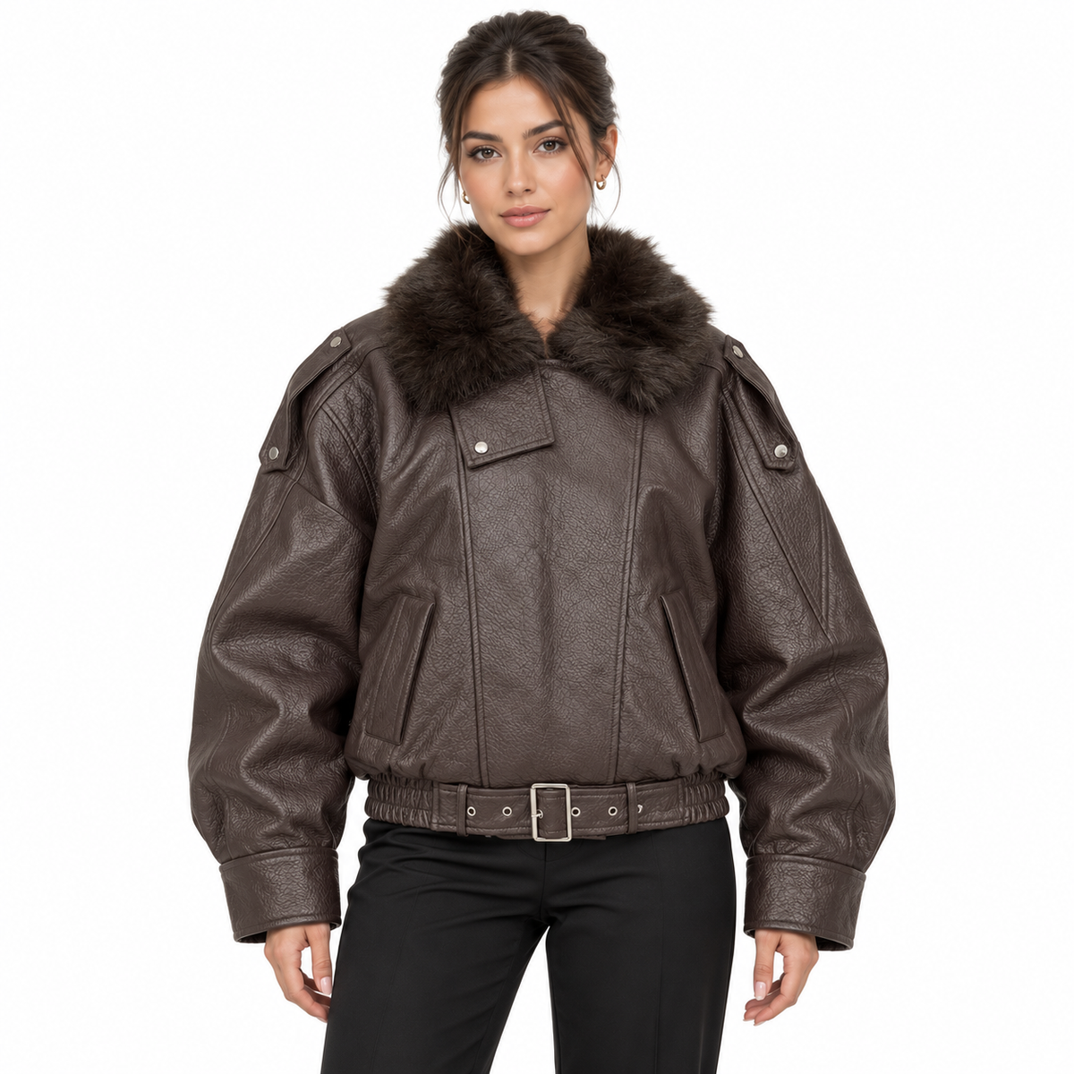 Blouson femme effet cuir à col fourrure et ceinture