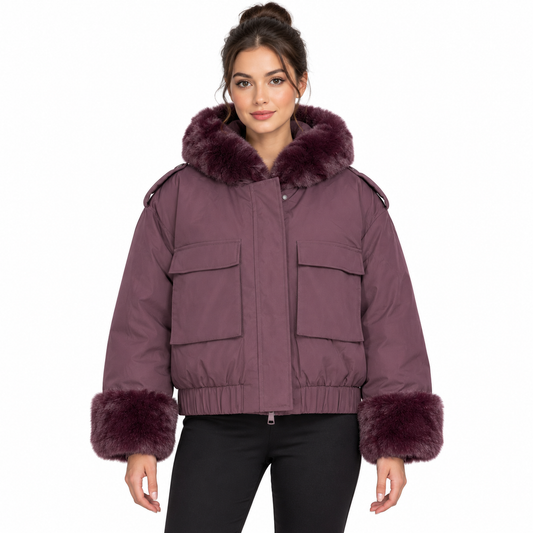 Veste courte à capuche et finitions en fausse fourrure – Élégance
