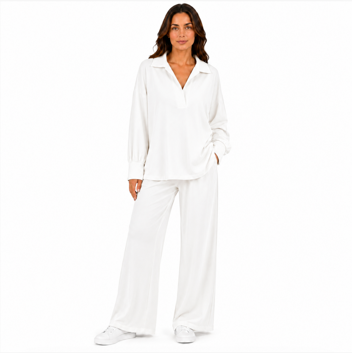 Ensemble Femme Oversize – Blouse Col V Manches Longues & Pantalon Fluide Large – Taille Unique
