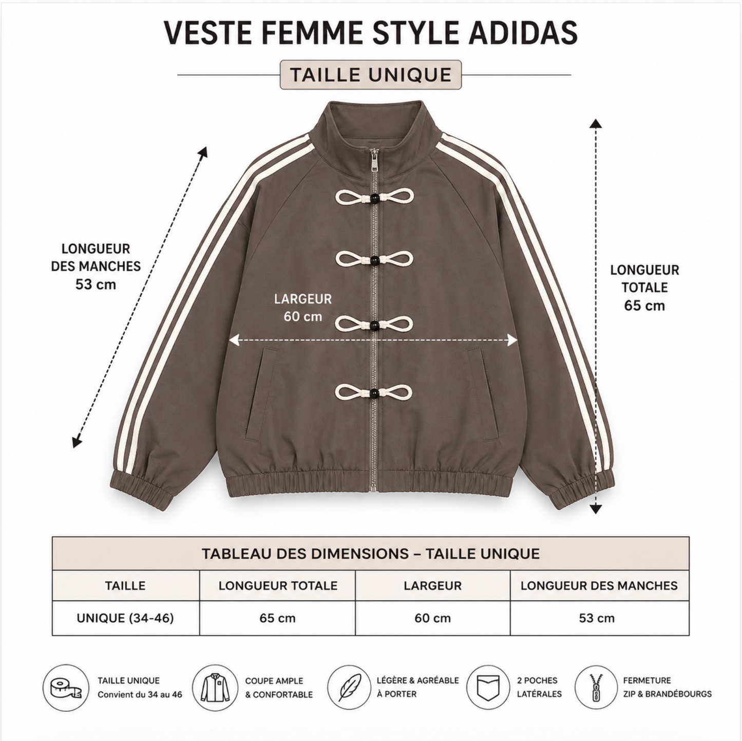 Veste Femme Oversize Zippée à Brandebourgs – Bandes Contrastées Manches Longues Style Casual Chic