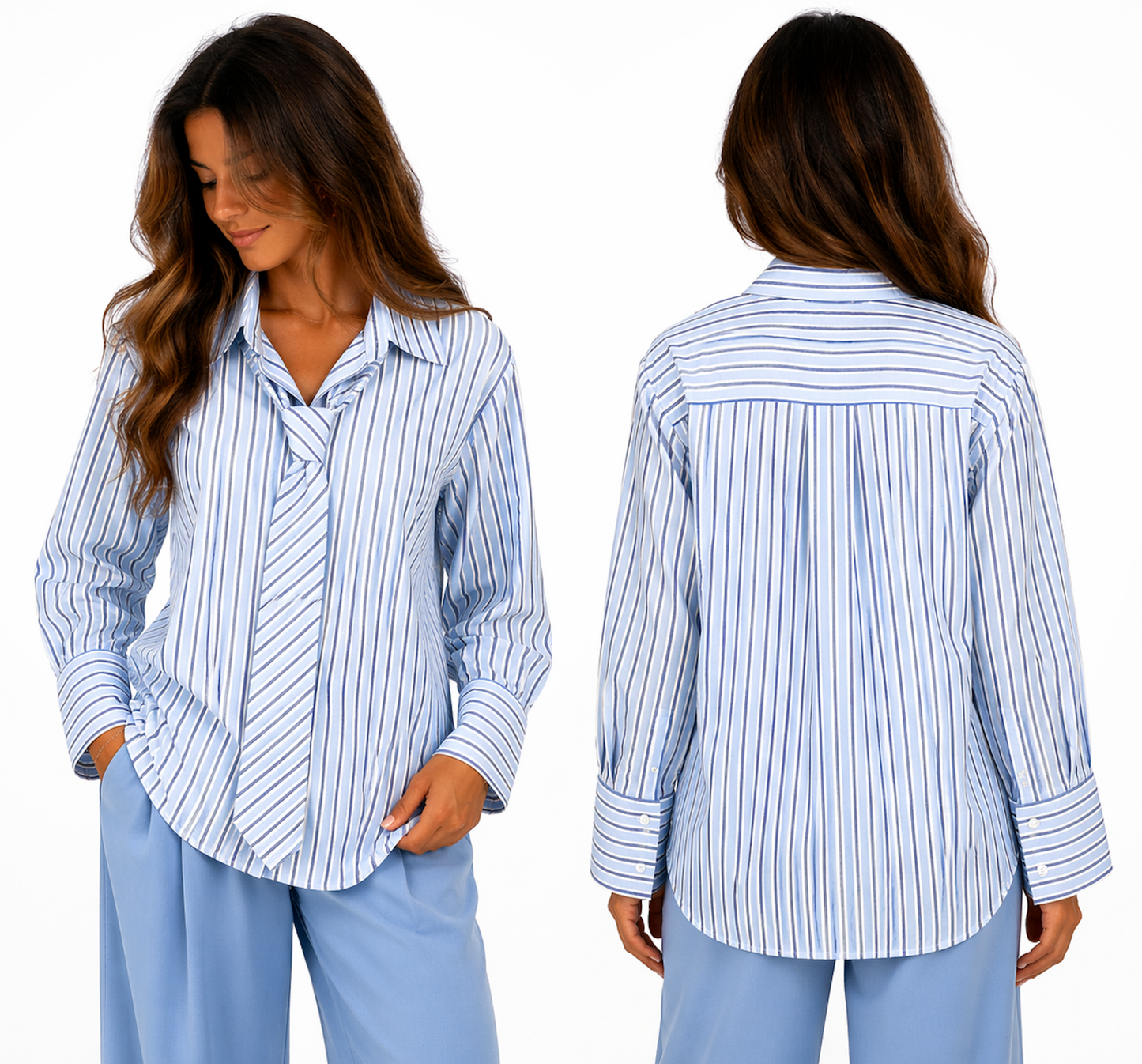 Chemise Rayée Oversize à Cravate Intégrée – Coupe Fluide Élégante