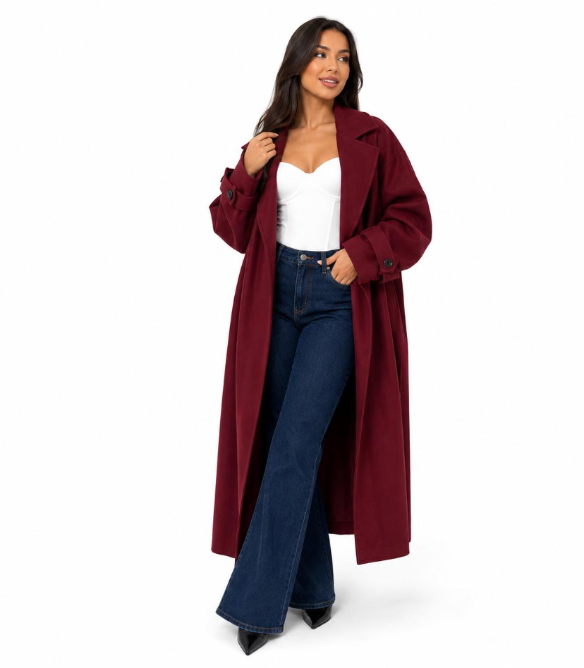 Trench 415 Hiver Long Oversize Femme Chic Ceinture Ajustable Maxi Length Boutons Effet Écaille Style Casual et Tendance