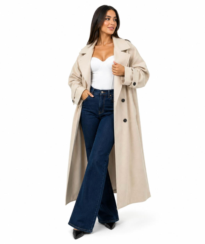 Trench 415 Hiver Long Oversize Femme Chic Ceinture Ajustable Maxi Length Boutons Effet Écaille Style Casual et Tendance