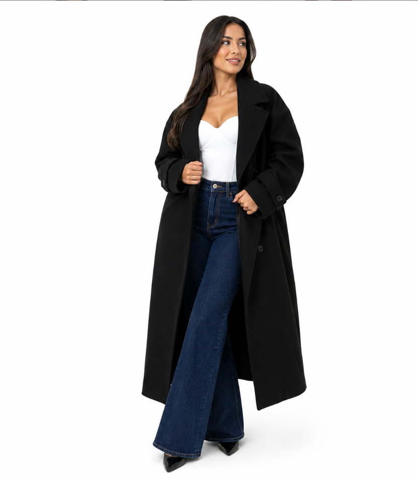 Trench 415 Hiver Long Oversize Femme Chic Ceinture Ajustable Maxi Length Boutons Effet Écaille Style Casual et Tendance
