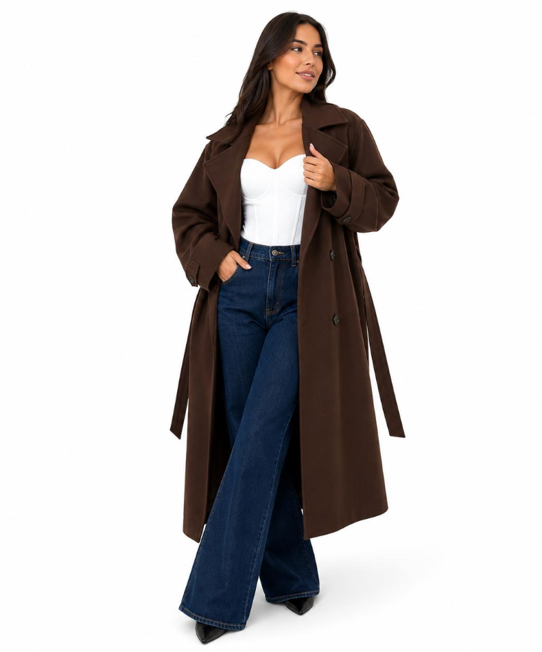 Trench 415 Hiver Long Oversize Femme Chic Ceinture Ajustable Maxi Length Boutons Effet Écaille Style Casual et Tendance