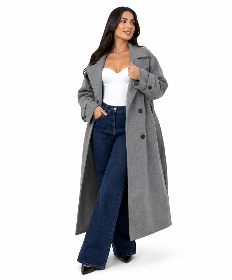Trench 415 Hiver Long Oversize Femme Chic Ceinture Ajustable Maxi Length Boutons Effet Écaille Style Casual et Tendance