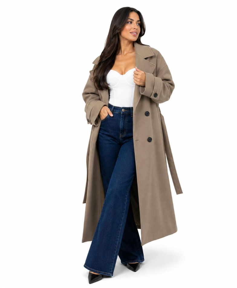 Trench 415 Hiver Long Oversize Femme Chic Ceinture Ajustable Maxi Length Boutons Effet Écaille Style Casual et Tendance
