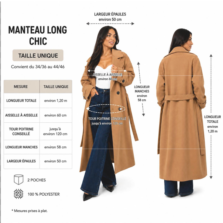 Trench 415 Hiver Long Oversize Femme Chic Ceinture Ajustable Maxi Length Boutons Effet Écaille Style Casual et Tendance