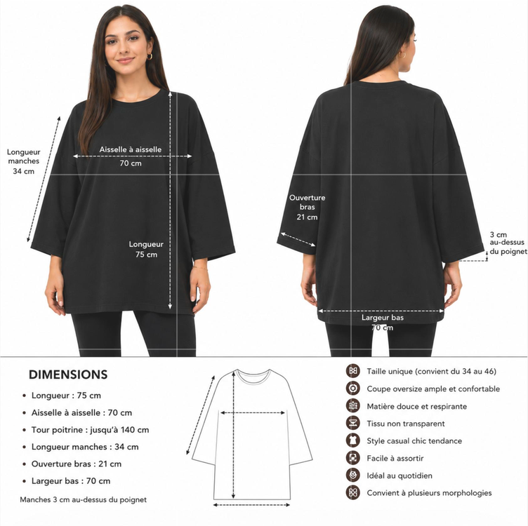 T-shirt Oversize Femme 100 % Confort – Haut Long Fluide Taille Unique