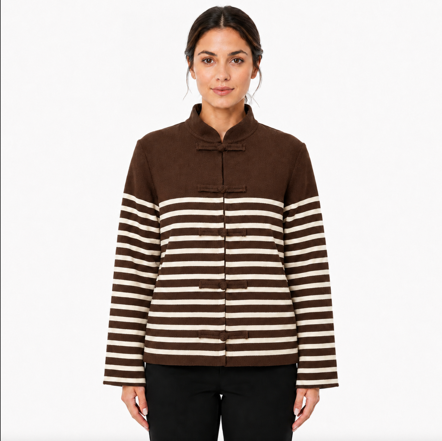 Gilet Marinière Femme en Maille à Col Montant et Attaches Chinoises