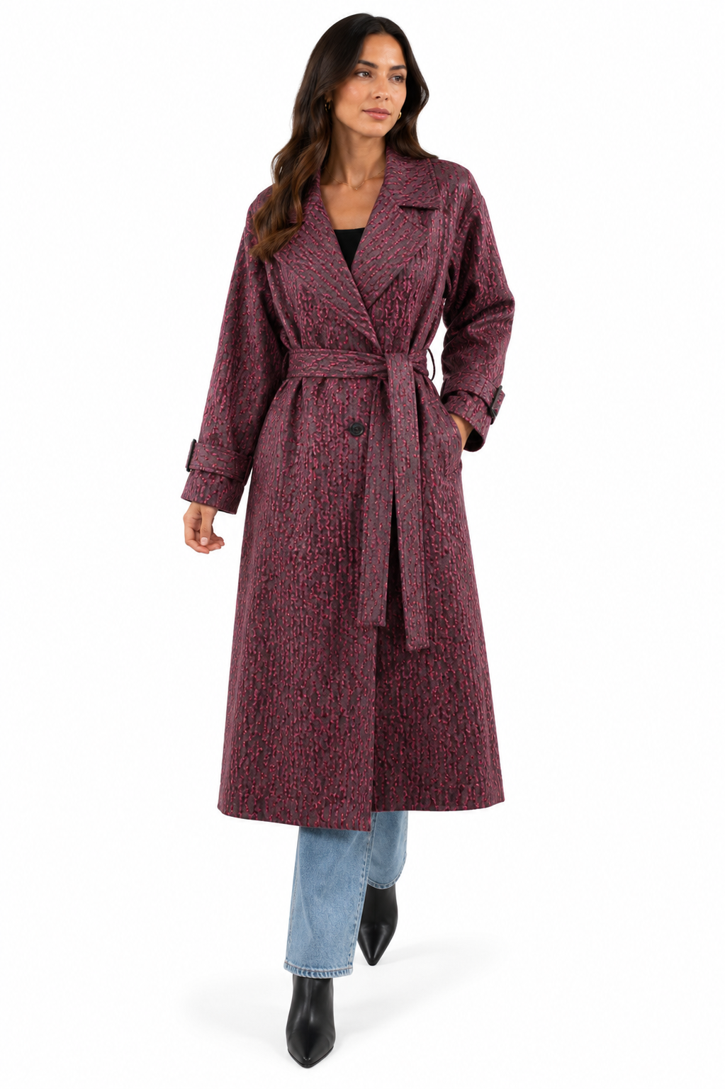 Manteau Long Chic Femme Imprimé avec Ceinture Ajustable – Taille Unique