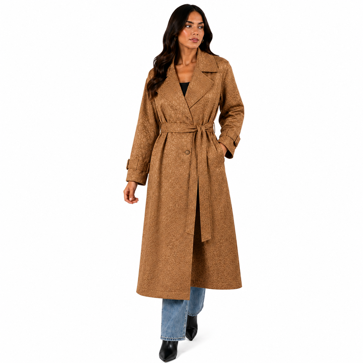 Manteau Long Chic Femme Imprimé avec Ceinture Ajustable – Taille Unique
