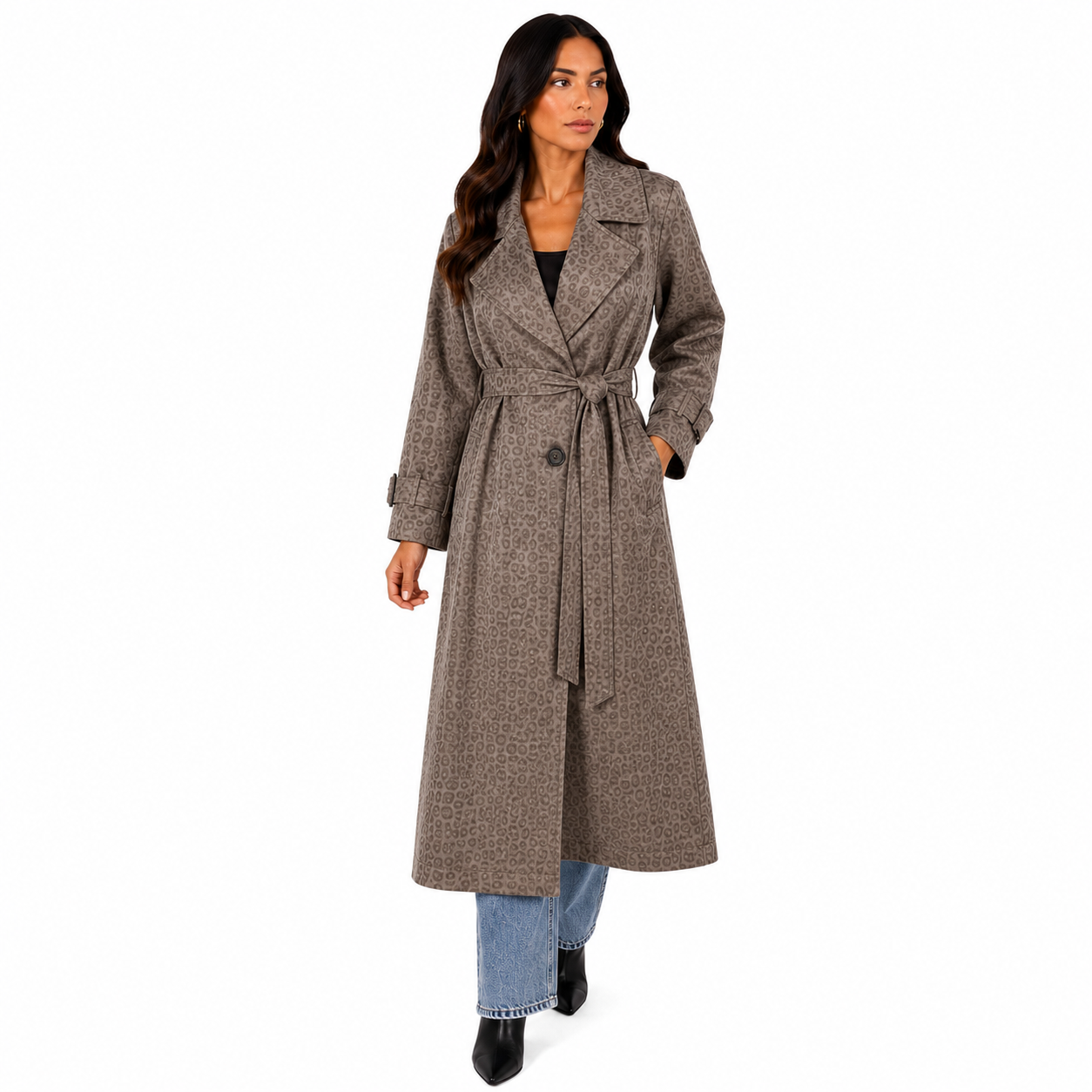 Manteau Long Chic Femme Imprimé avec Ceinture Ajustable – Taille Unique
