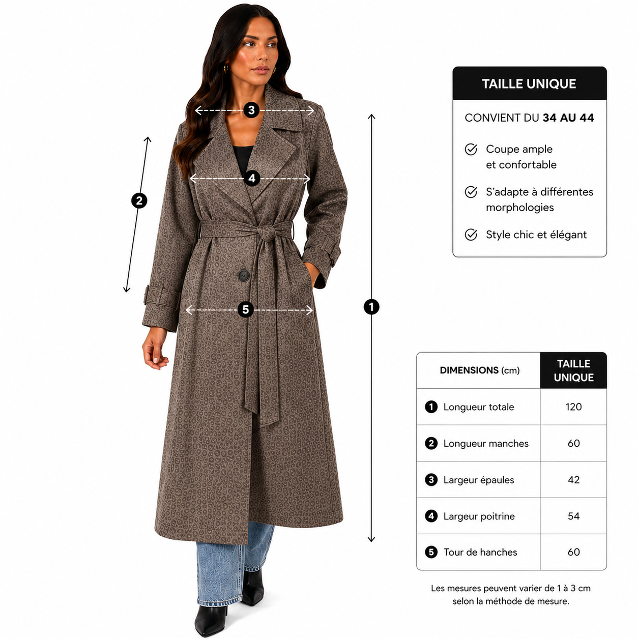 Manteau Long Chic Femme Imprimé avec Ceinture Ajustable – Taille Unique